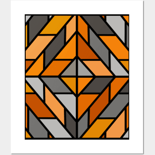 Geometric Pattern Tiles in Shades of Grey and Orange Posters and Art